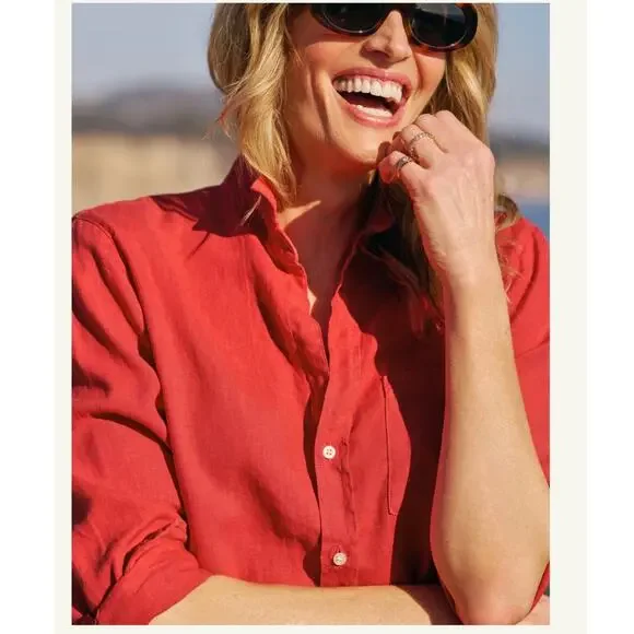 Frank & Eileen Rory Maxi Shirtdress Washed Italian Linen Summer Red Size Large - Picture 9 of 14